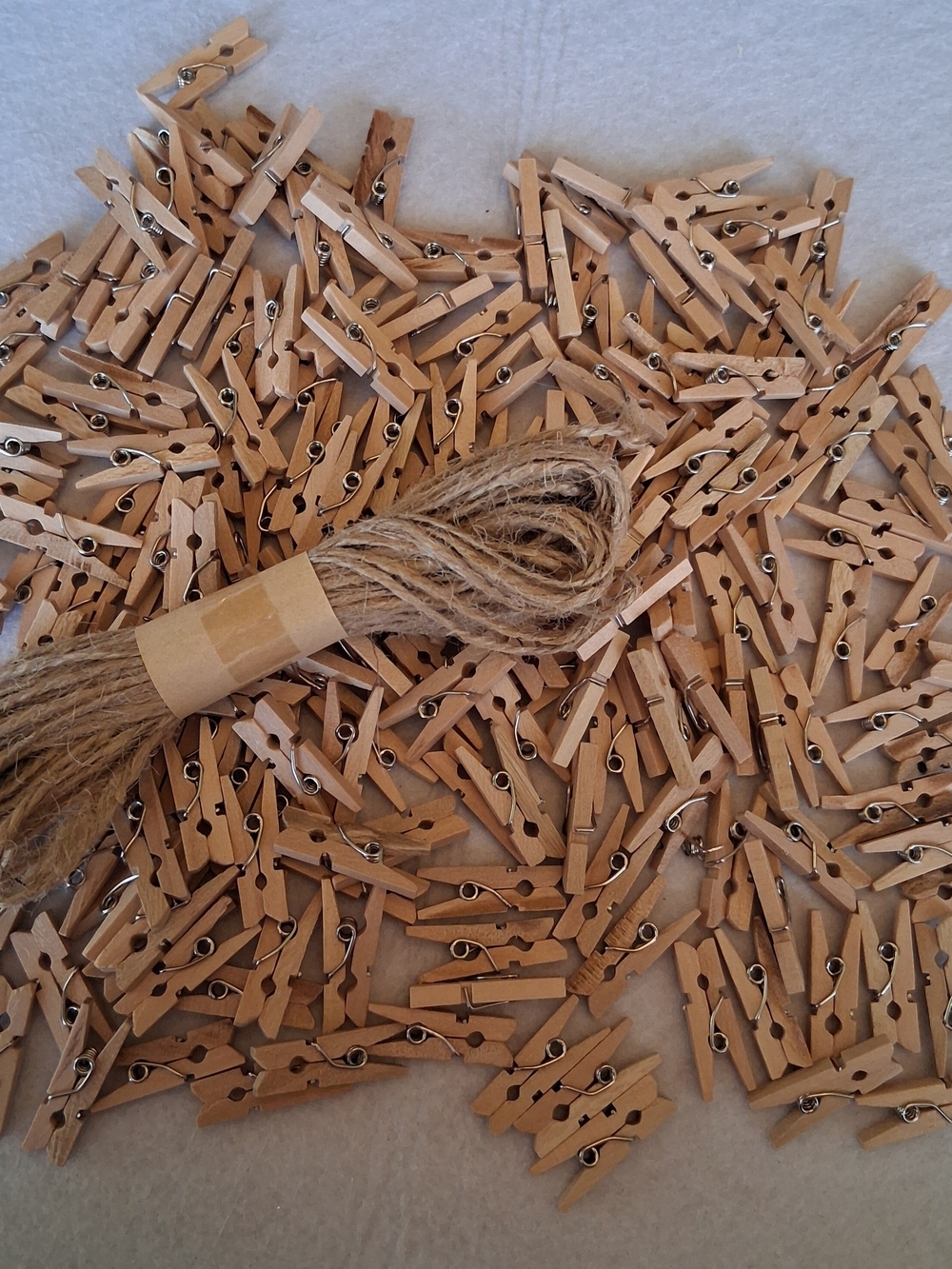 Natural Wood Mini 1" Clothespins with Jute Twine Bundle - approx 150